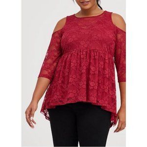 Torrid Off Cold Shoulder Babydoll Stretch Lace Red Blouse Shirt Size 0 Large NWT